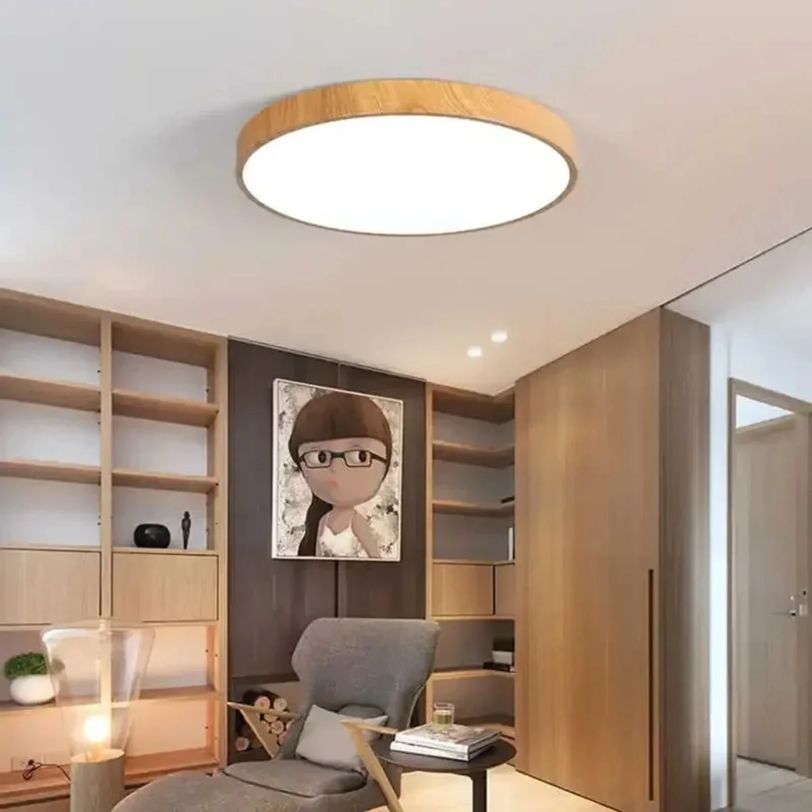 Modern Round LED Flush Mount Ceiling Light - Nordic Wood Lamp - Image 8