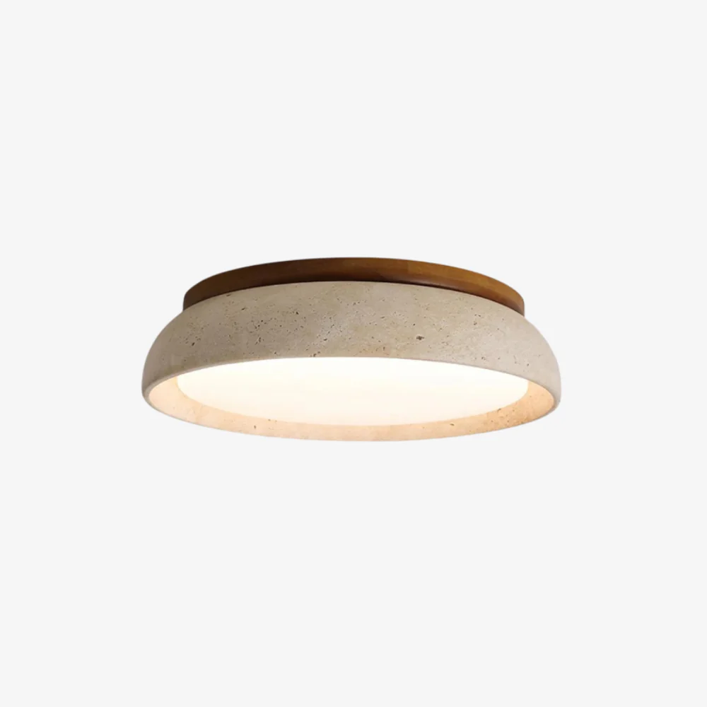 Modern Travertine Stone Flush Mount - Minimalist Stone and Wood Ceiling Light