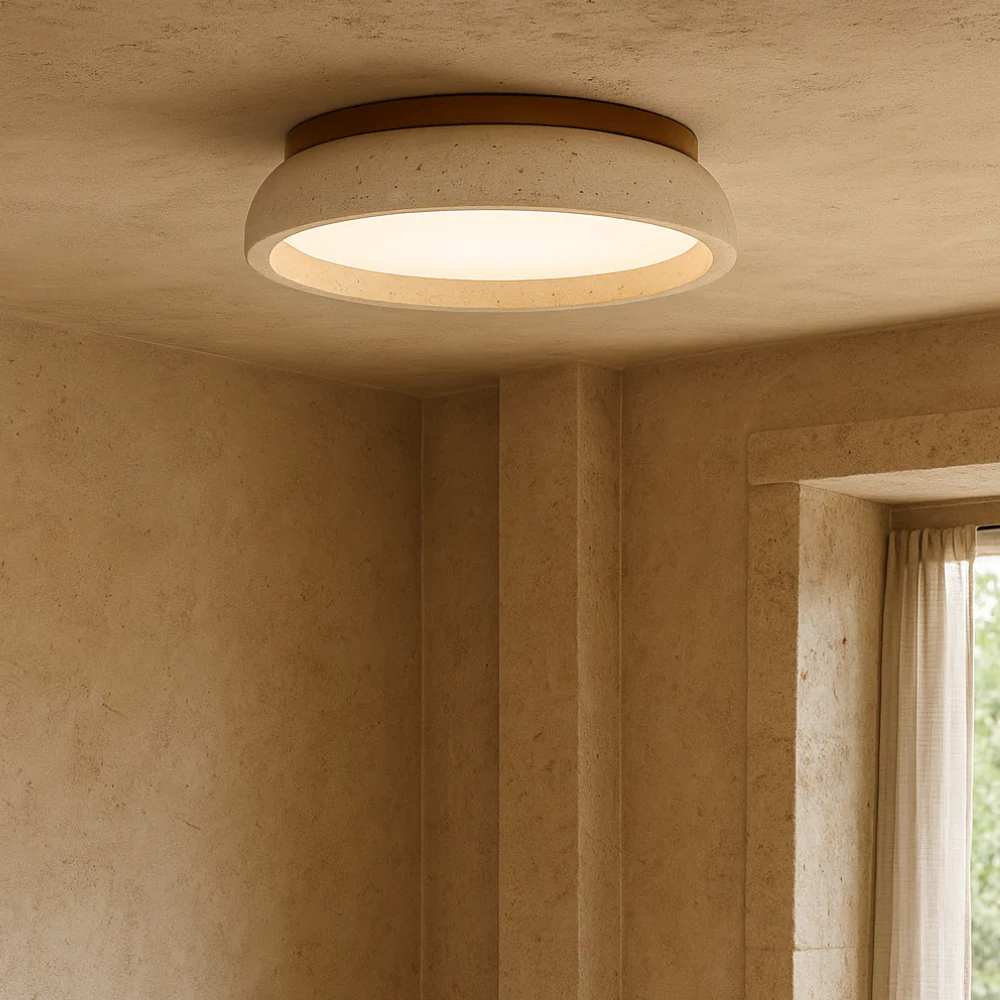 Modern Travertine Stone Flush Mount - Minimalist Stone and Wood Ceiling Light - Image 7