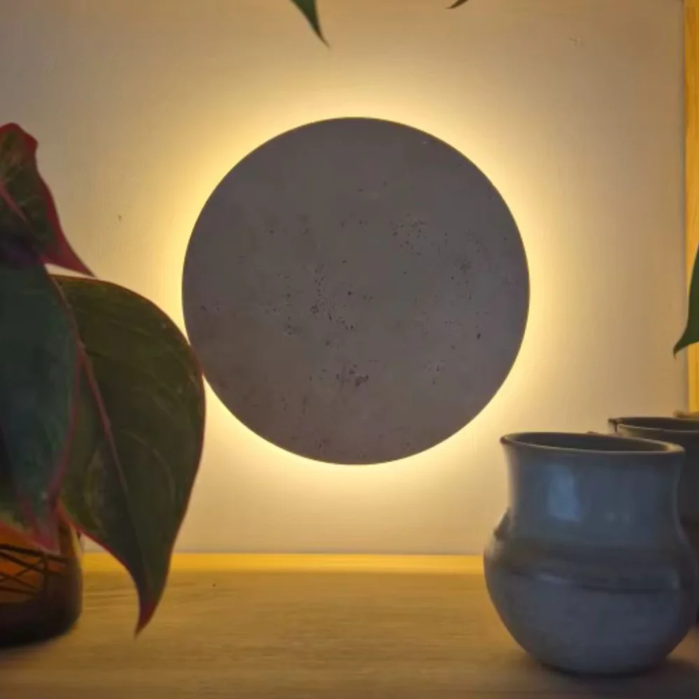 Natural Travertine Backlit Wall Sconce - Modern Stone Eclipse Halo Light - Image 4