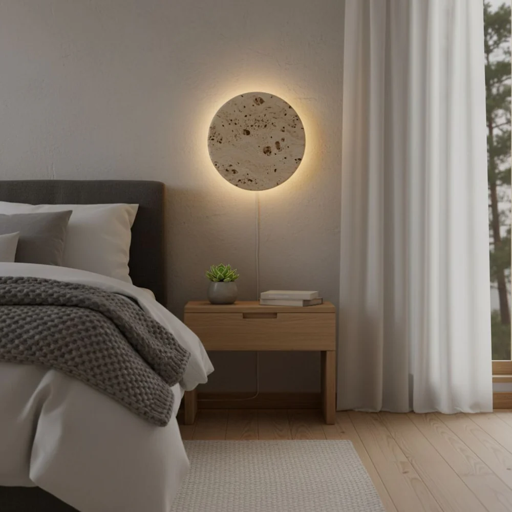 Natural Travertine Backlit Wall Sconce - Modern Stone Eclipse Halo Light - Image 5