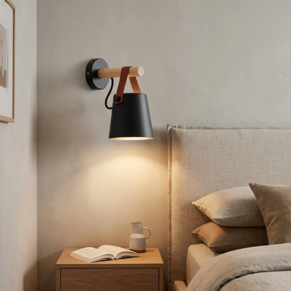 Nordic Leather Strap Wall Sconce with Wood Arm - Modern Conical Hanging Light - Image 3