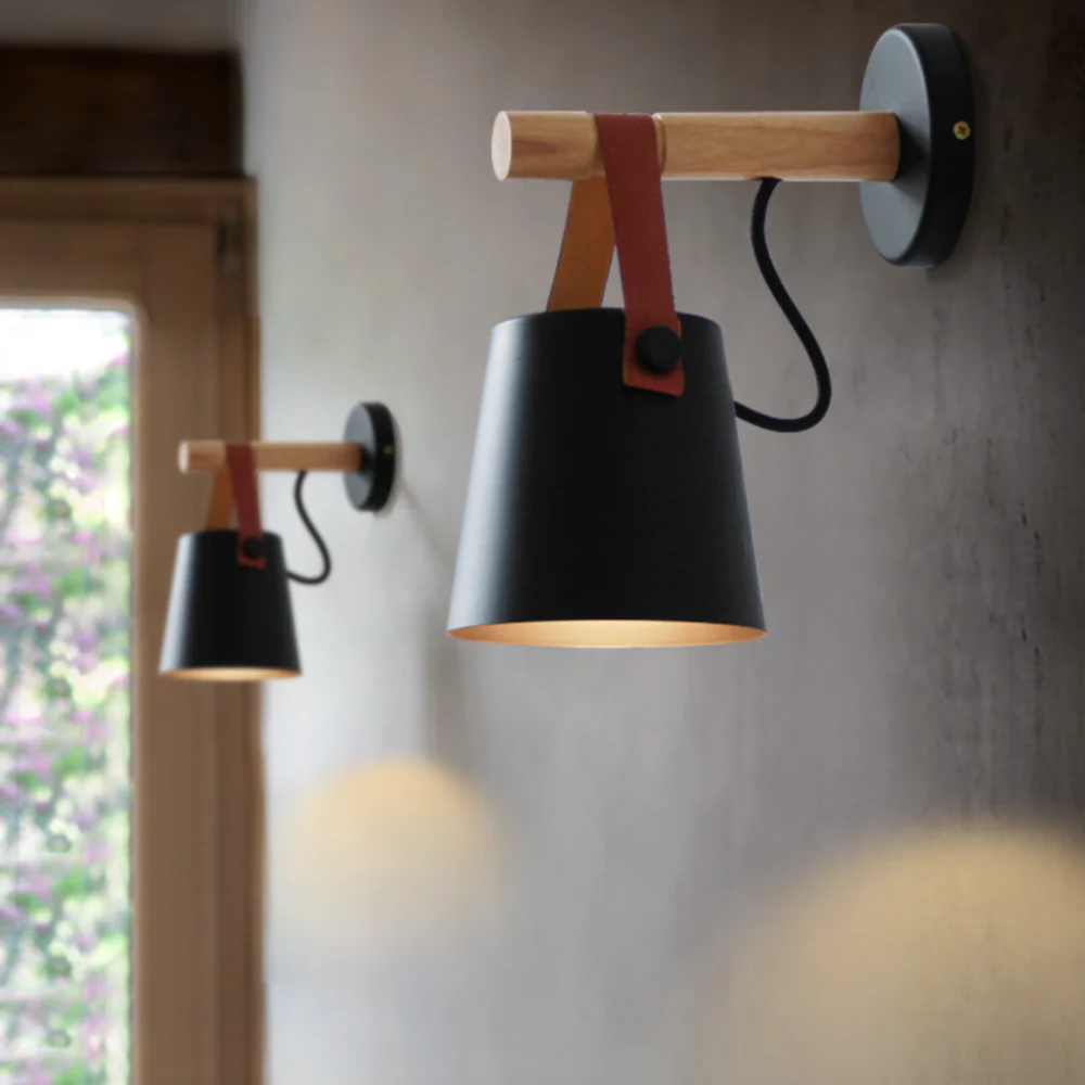 Nordic Leather Strap Wall Sconce with Wood Arm - Modern Conical Hanging Light - Image 7