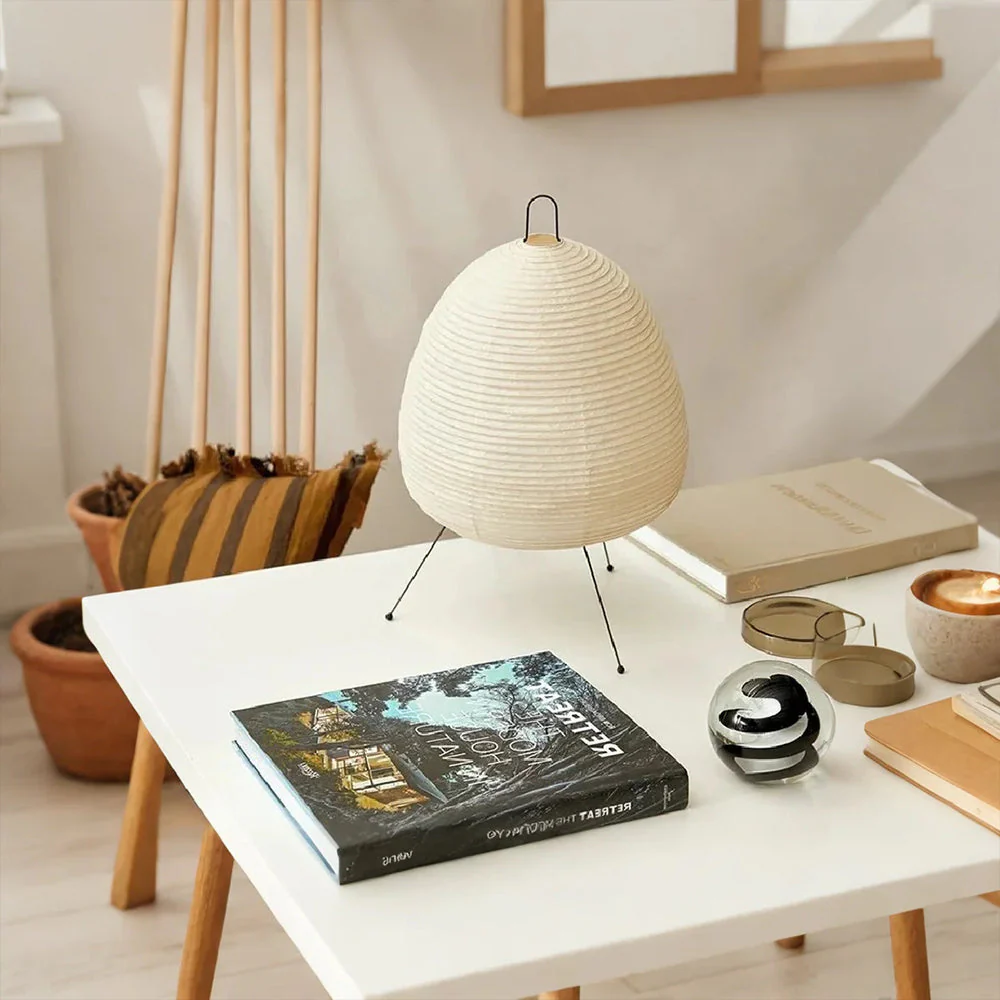 Paper Lantern Table Lamp with Tripod Metal Base - Mid Century Japanese - Image 15
