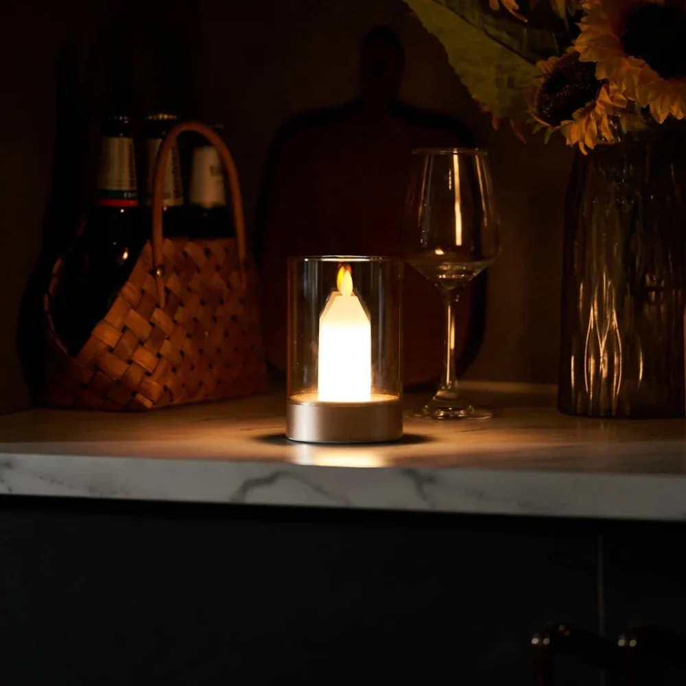 Rechargeable LED Candle Table Lamp with Glass Cylinder - Modern Gold - Image 4