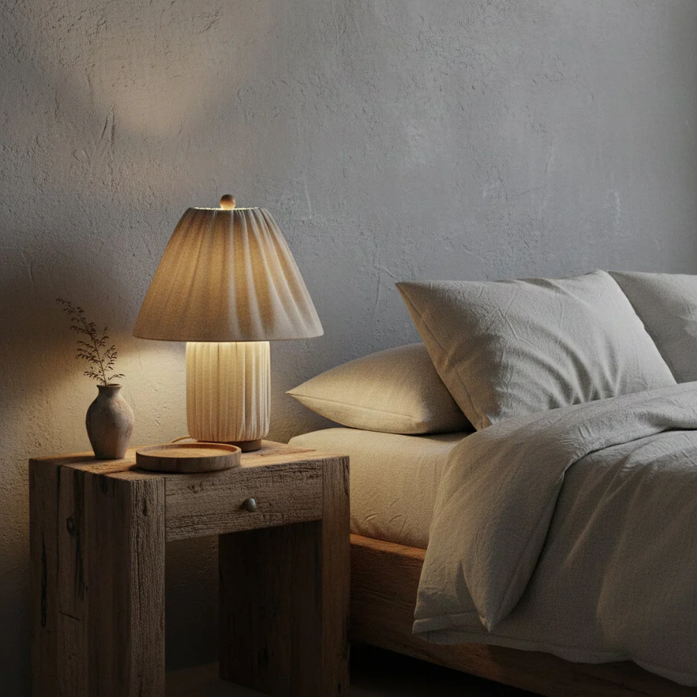 Retro Pleated Linen Table Lamp - Mid-Century Modern Boho Bedside Light - Image 5