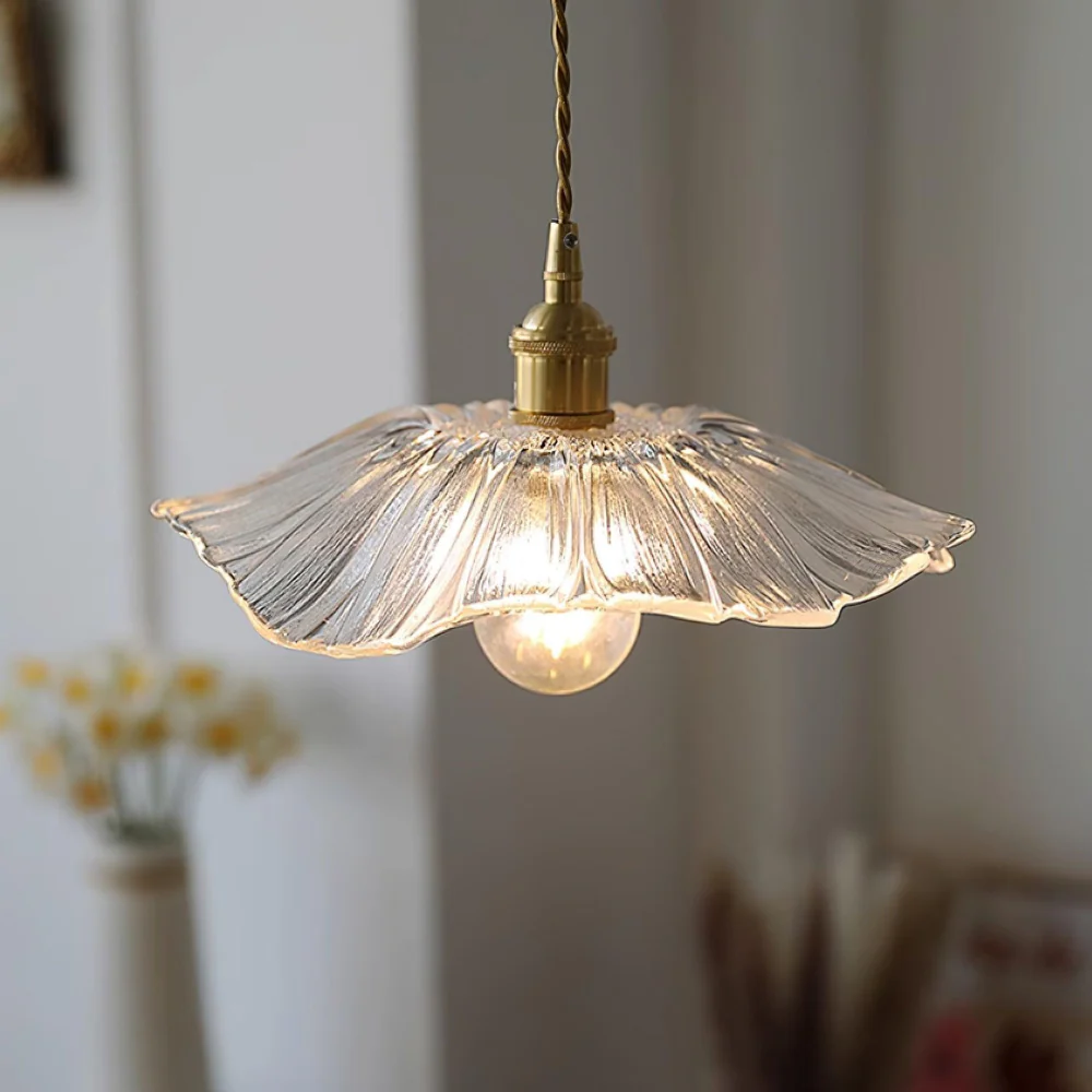 Ribbed Glass Flower Petal Pendant Light with Copper Hardware – Vintage Mid Century Style - Image 2