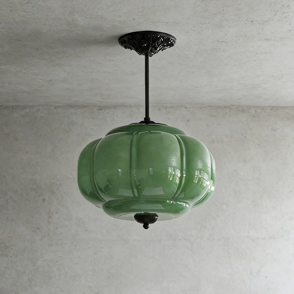 Ribbed Pumpkin Hanging Lamp with Ornate Metalwork - Mid Century Design - Image 11