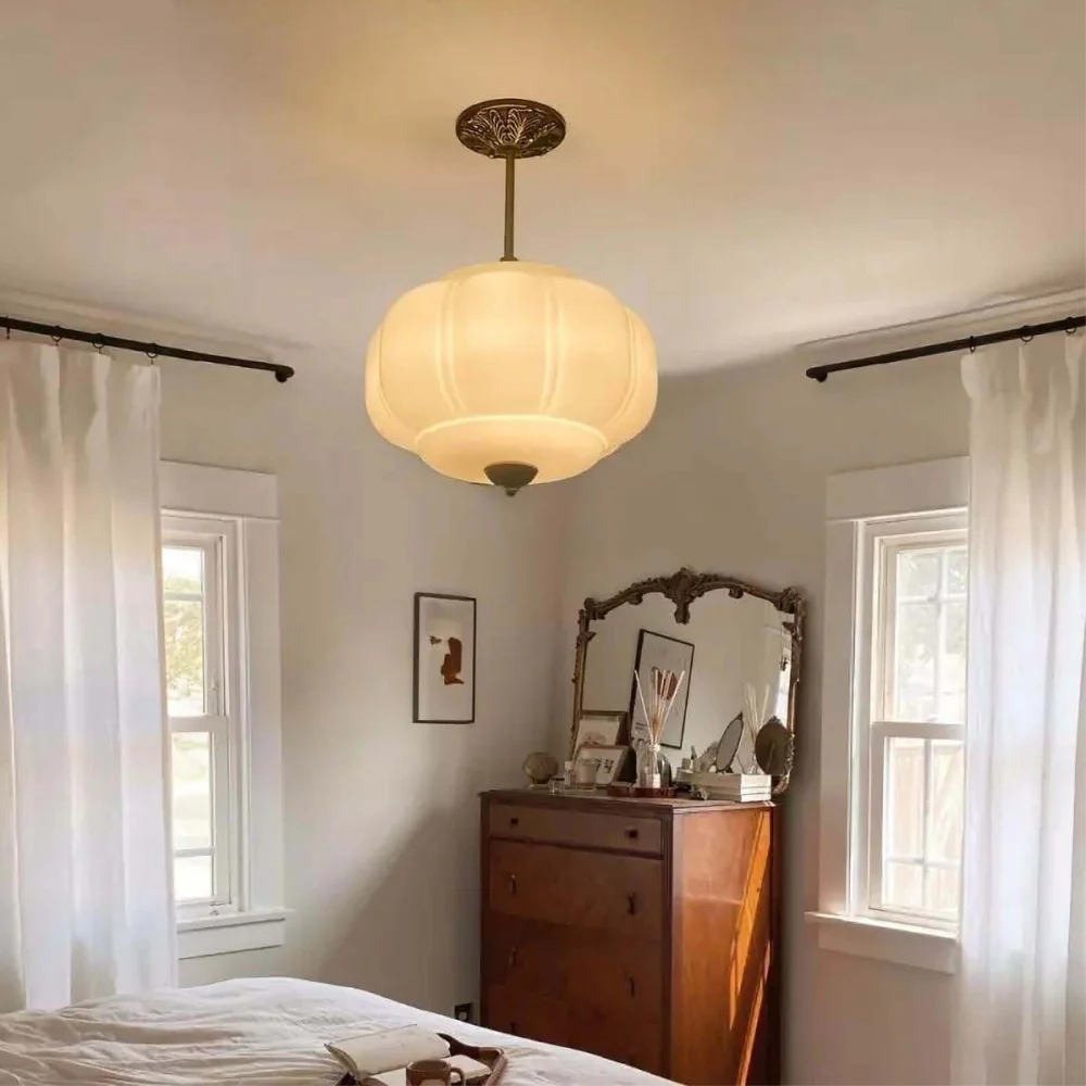 Ribbed Pumpkin Hanging Lamp with Ornate Metalwork - Mid Century Design - Image 29