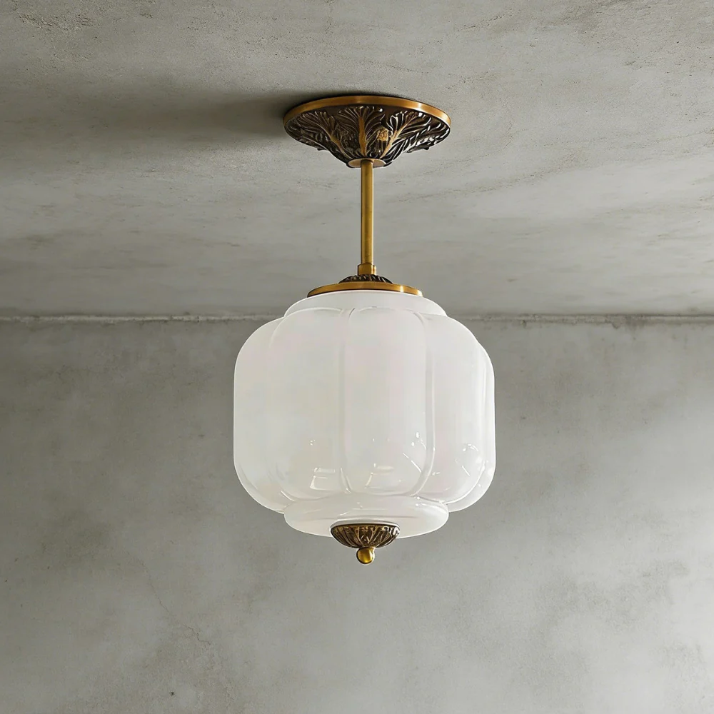 Ribbed Pumpkin Hanging Lamp with Ornate Metalwork - Mid Century Design - Image 6