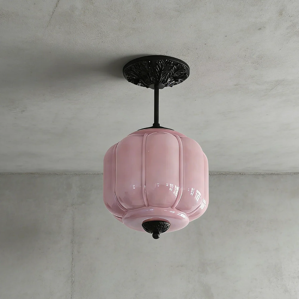 Ribbed Pumpkin Hanging Lamp with Ornate Metalwork - Mid Century Design - Image 9