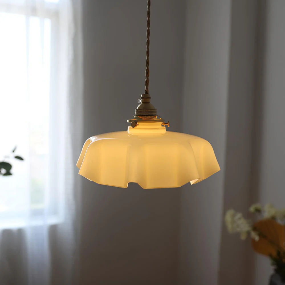 Scalloped Glass Pendant Light with Ruffled Shade - Vintage Floral Style - Image 10