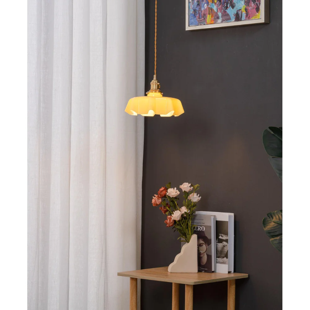 Scalloped Glass Pendant Light with Ruffled Shade - Vintage Floral Style - Image 11