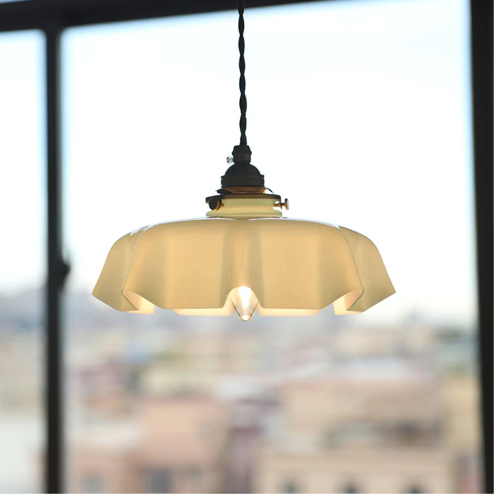 Scalloped Glass Pendant Light with Ruffled Shade - Vintage Floral Style - Image 17