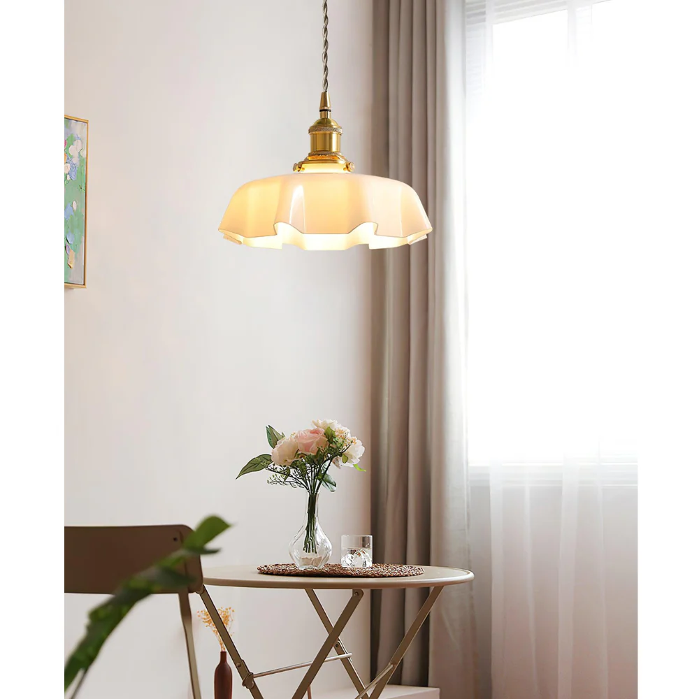 Scalloped Glass Pendant Light with Ruffled Shade - Vintage Floral Style - Image 18