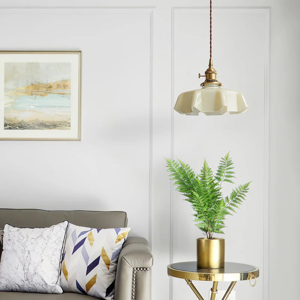 Scalloped Glass Pendant Light with Ruffled Shade - Vintage Floral Style - Image 21
