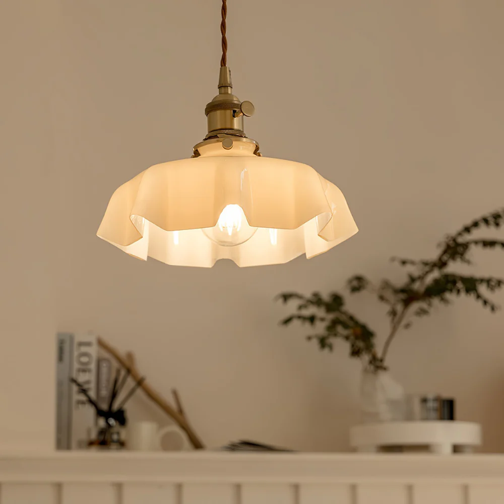 Scalloped Glass Pendant Light with Ruffled Shade - Vintage Floral Style - Image 23