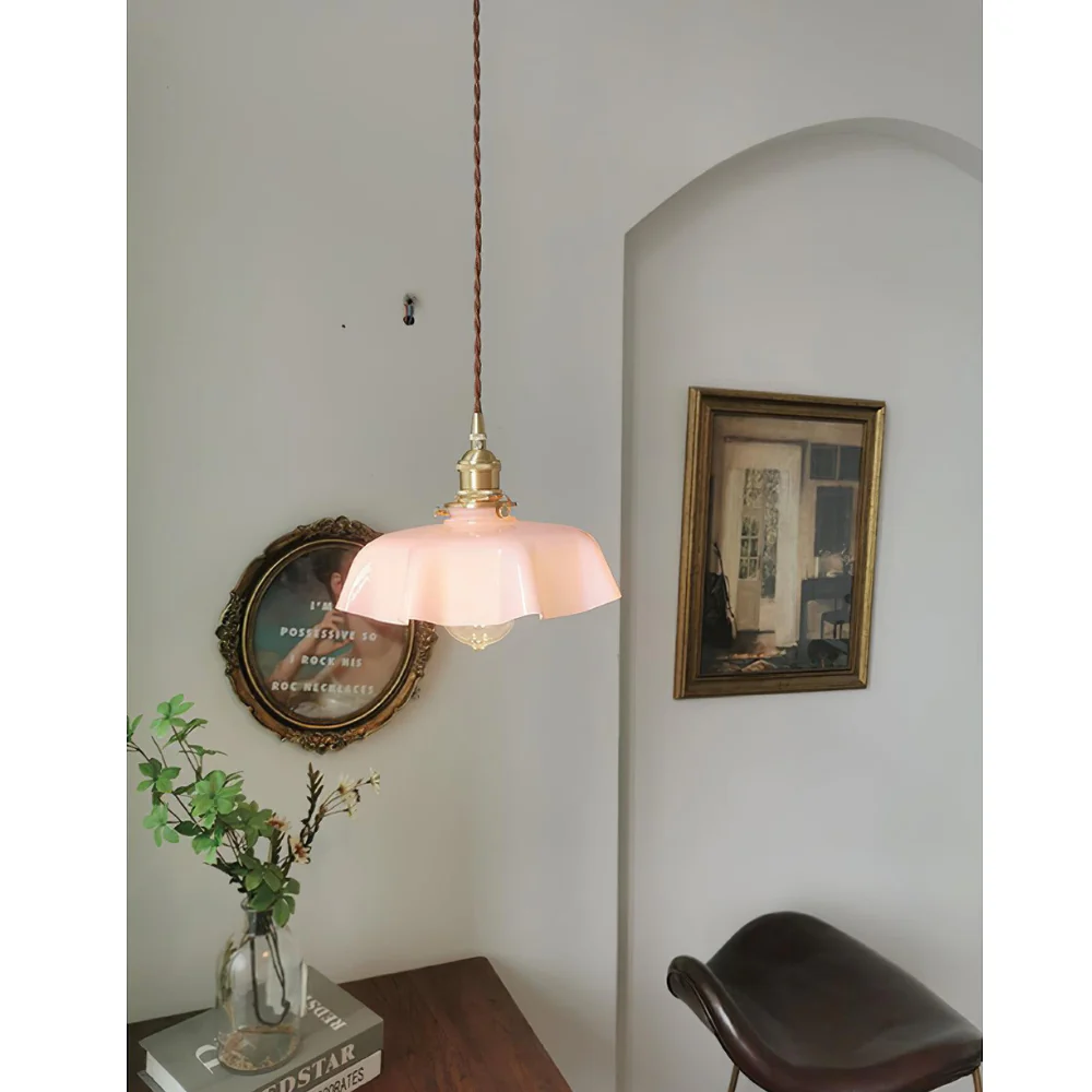 Scalloped Glass Pendant Light with Ruffled Shade - Vintage Floral Style - Image 24