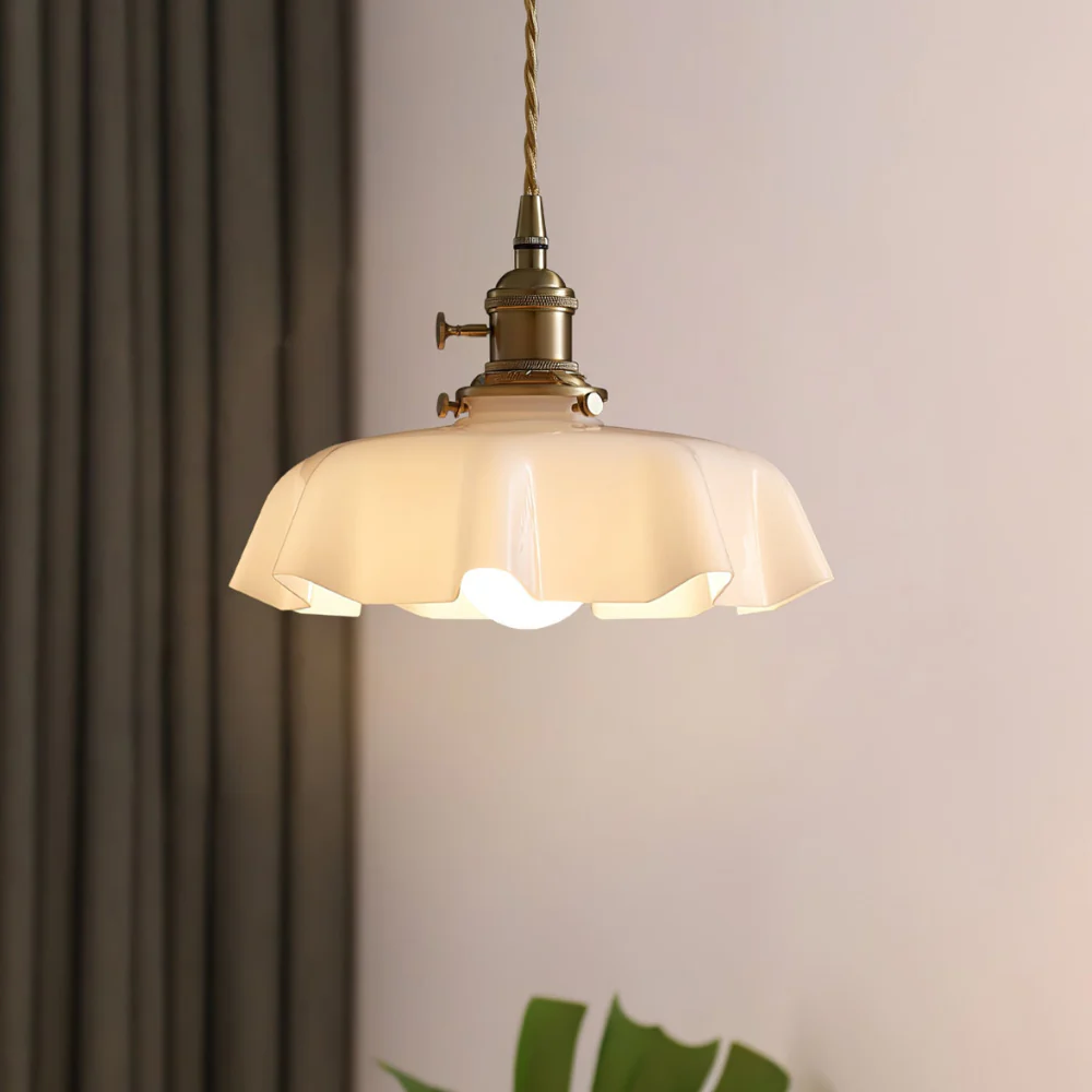 Scalloped Glass Pendant Light with Ruffled Shade - Vintage Floral Style - Image 6