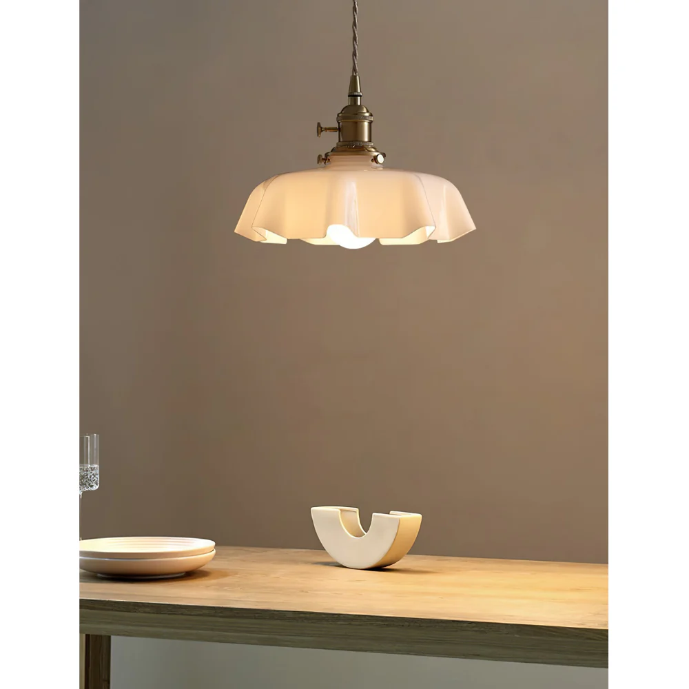 Scalloped Glass Pendant Light with Ruffled Shade - Vintage Floral Style - Image 8