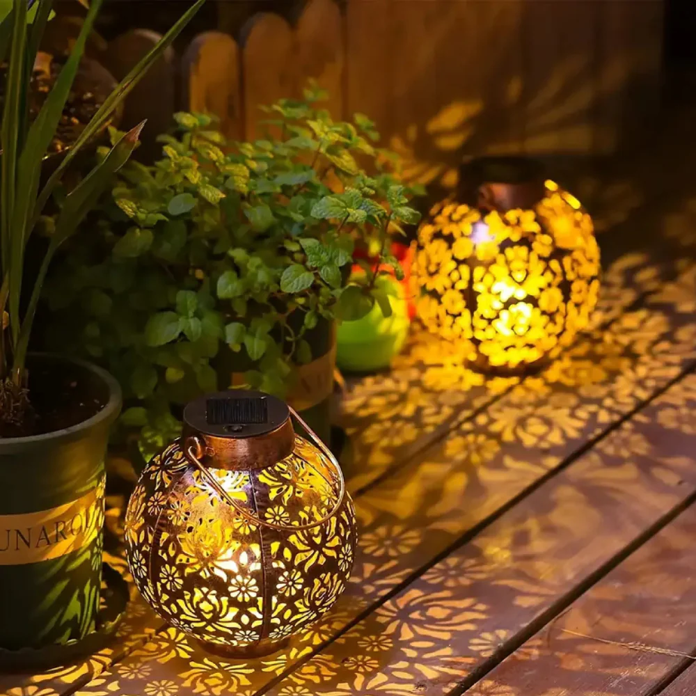 Solar Powered Lantern with Metal Floral Cutout Pattern - Boho Moroccan - Image 5