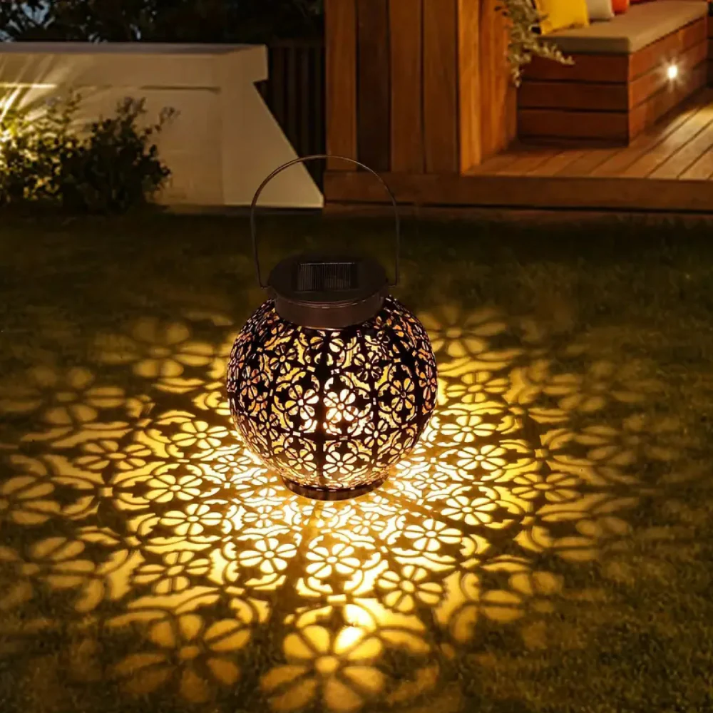 Solar Powered Lantern with Metal Floral Cutout Pattern - Boho Moroccan - Image 7