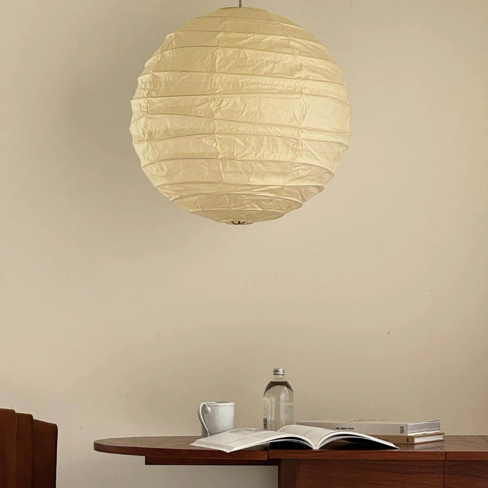 Spherical Ribbed Paper Hanging Fixture - Mid Century Modern Zen Style - Image 18