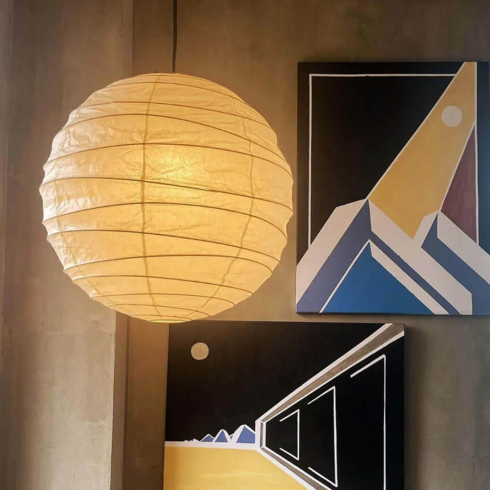 Spherical Ribbed Paper Hanging Fixture - Mid Century Modern Zen Style - Image 6