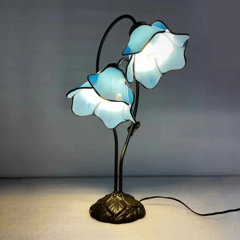 Table Lamp with Flower Glass Shades - Vintage Stained Glass Floral - Image 10