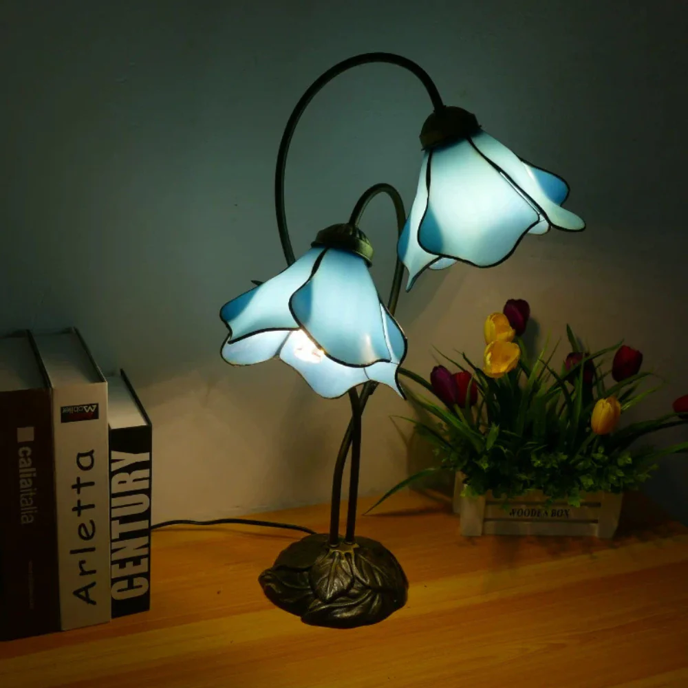 Table Lamp with Flower Glass Shades - Vintage Stained Glass Floral - Image 11