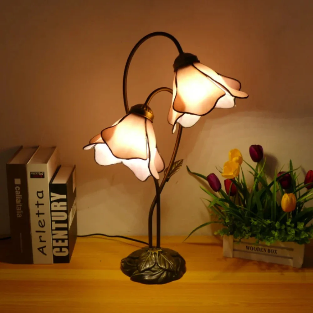Table Lamp with Flower Glass Shades - Vintage Stained Glass Floral - Image 13