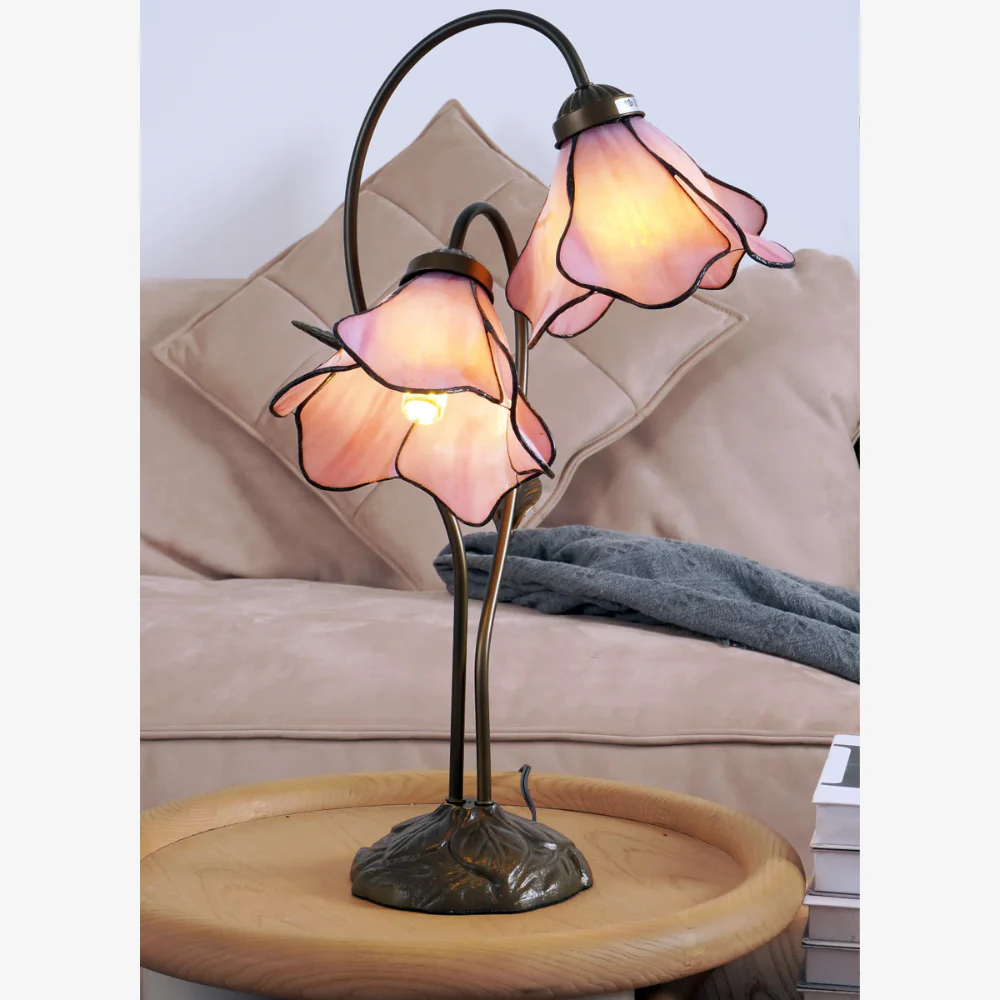 Table Lamp with Flower Glass Shades - Vintage Stained Glass Floral - Image 17