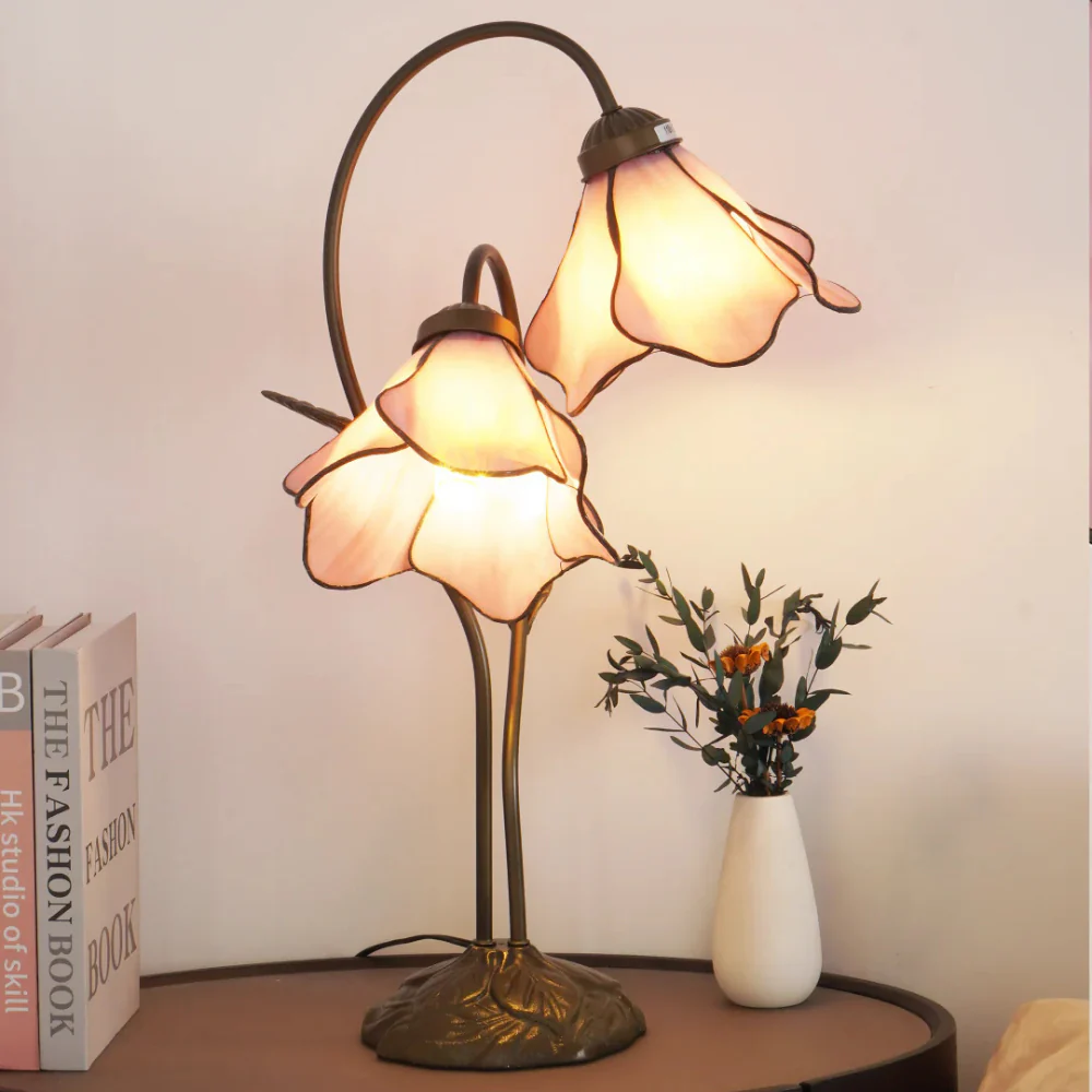 Table Lamp with Flower Glass Shades - Vintage Stained Glass Floral - Image 18