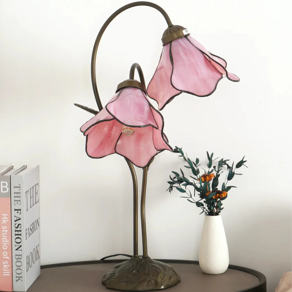 Table Lamp with Flower Glass Shades - Vintage Stained Glass Floral - Image 19