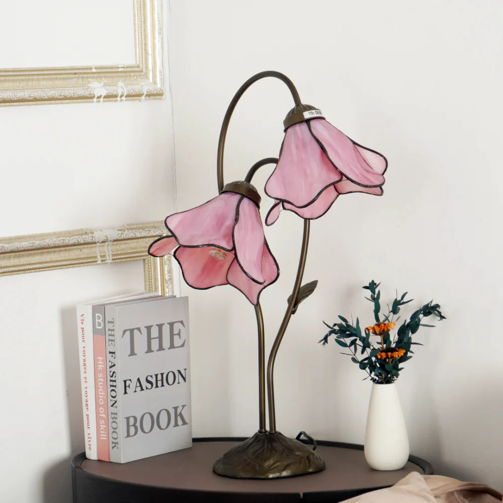 Table Lamp with Flower Glass Shades - Vintage Stained Glass Floral - Image 5