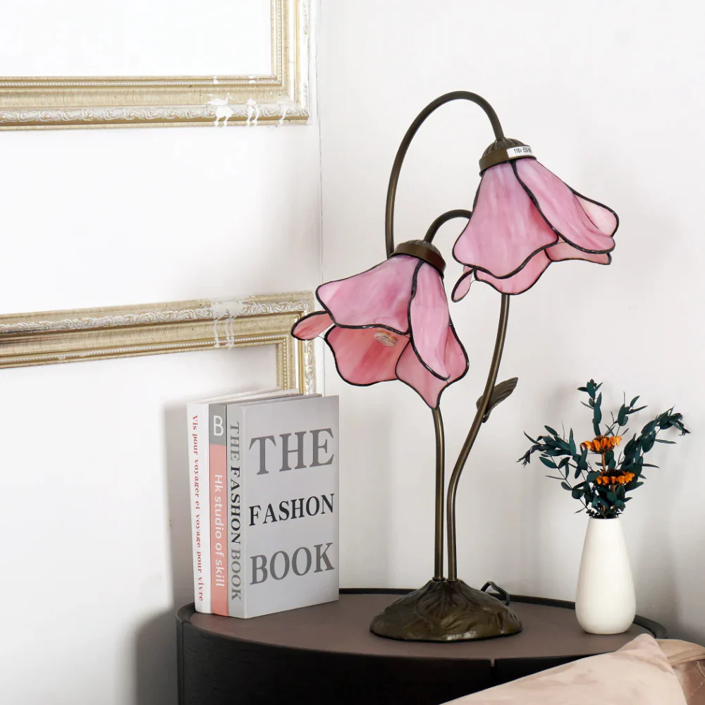 Table Lamp with Flower Glass Shades - Vintage Stained Glass Floral - Image 6