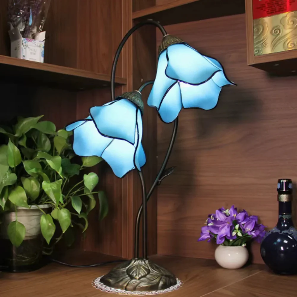 Table Lamp with Flower Glass Shades - Vintage Stained Glass Floral - Image 8