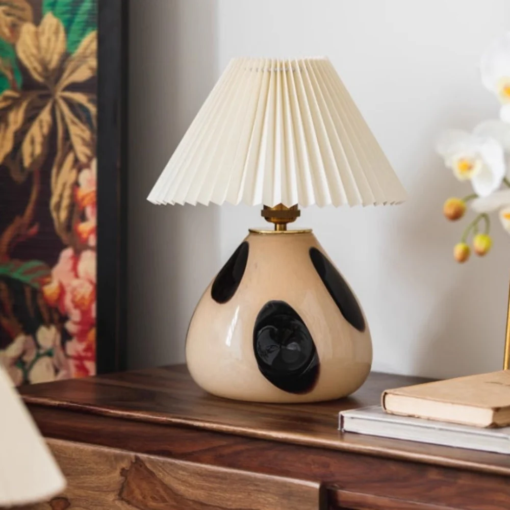 Table Lamp with Pleated Fabric Shade - Mid Century Modern Ceramic - Image 2