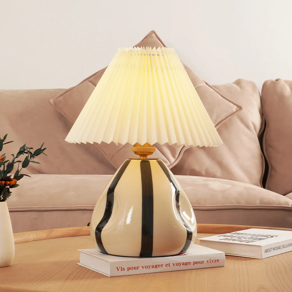 Table Lamp with Pleated Fabric Shade - Mid Century Modern Ceramic - Image 3