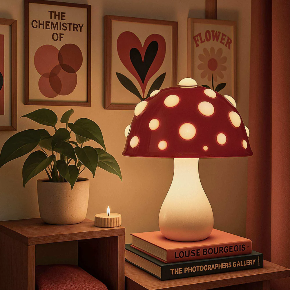 Table Lamp with Polka Dot Mushroom Shade - Modern Mid Century Retro - Image 4