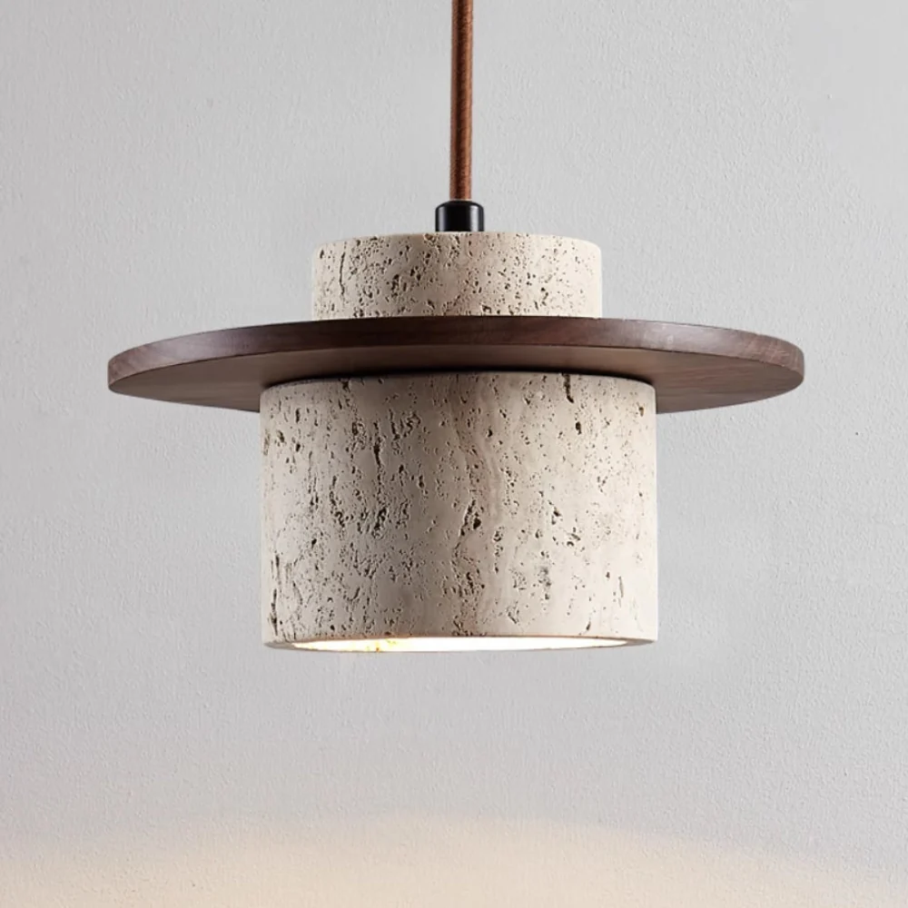Travertine Pendant Light with Wood Accents - Wabi Sabi Modern Style - Image 3