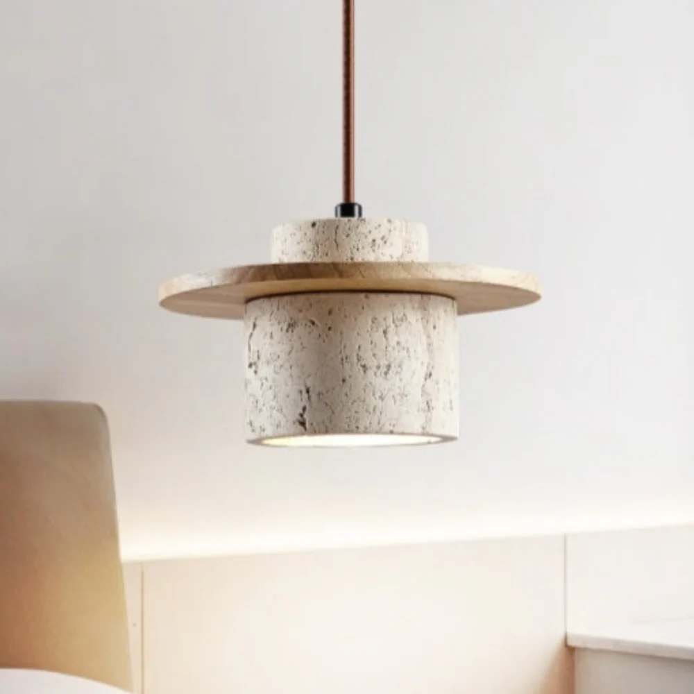 Travertine Pendant Light with Wood Accents - Wabi Sabi Modern Style - Image 4