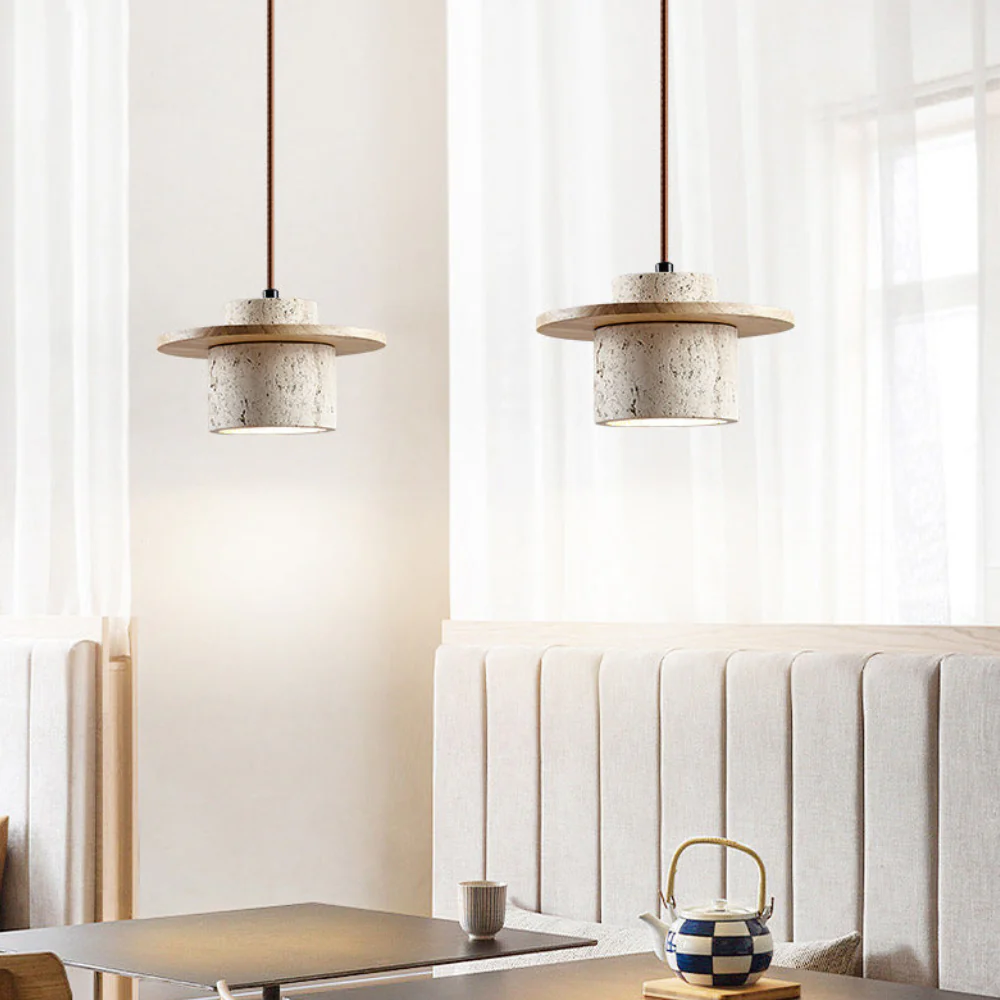 Travertine Pendant Light with Wood Accents - Wabi Sabi Modern Style - Image 5