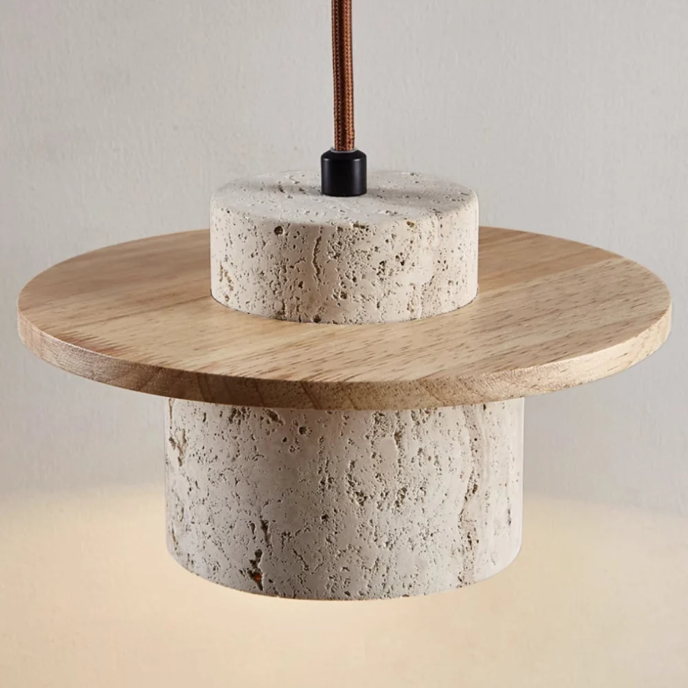 Travertine Pendant Light with Wood Accents - Wabi Sabi Modern Style - Image 6