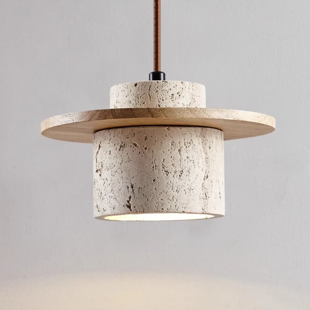 Travertine Pendant Light with Wood Accents - Wabi Sabi Modern Style - Image 7