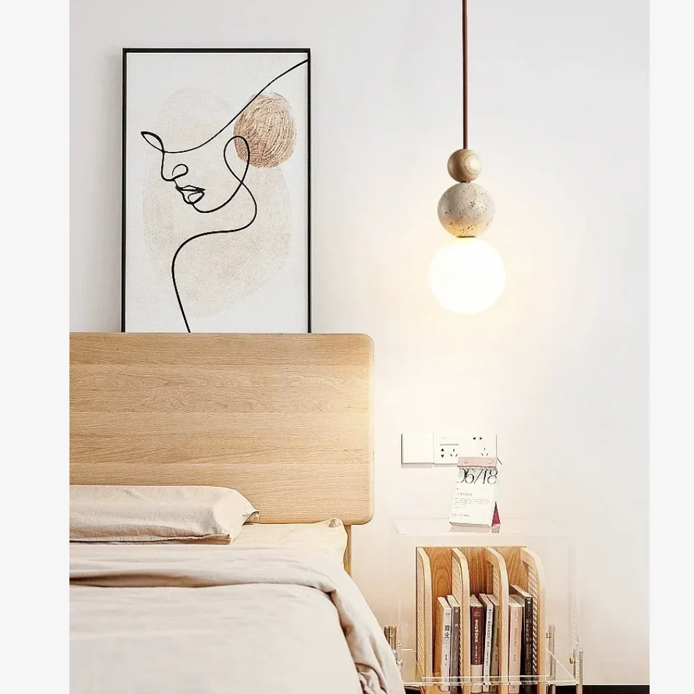Wabi-Sabi Stacked Sphere Pendant Light - Travertine Stone, Wood, and Glass - Image 2