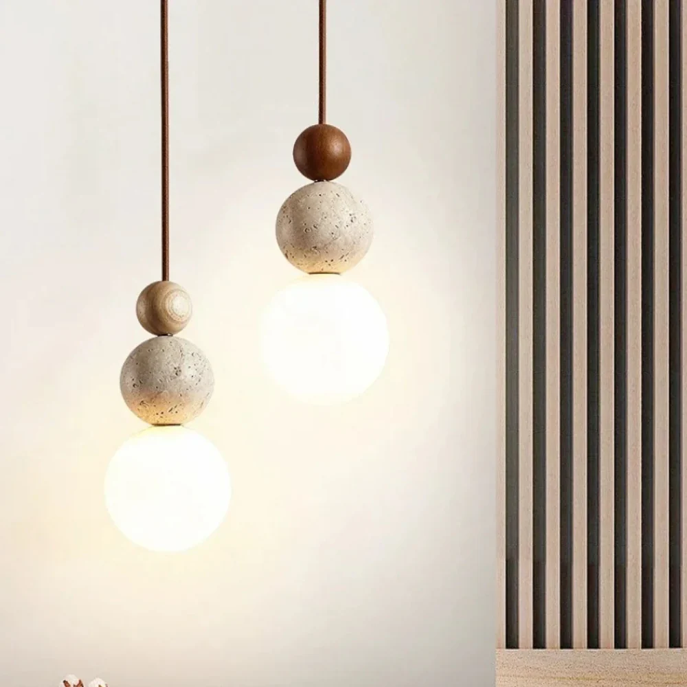 Wabi-Sabi Stacked Sphere Pendant Light - Travertine Stone, Wood, and Glass - Image 6