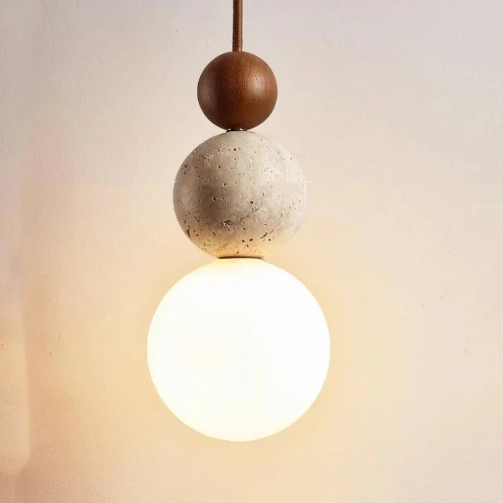 Wabi-Sabi Stacked Sphere Pendant Light - Travertine Stone, Wood, and Glass - Image 8