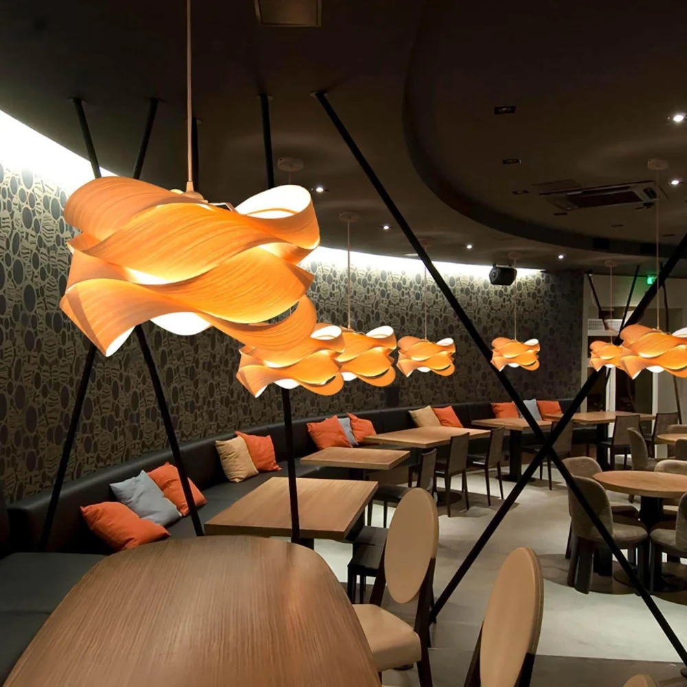Wood Ribbon Pendant Light with Spiral Shade - Mid Century Modern - Image 13