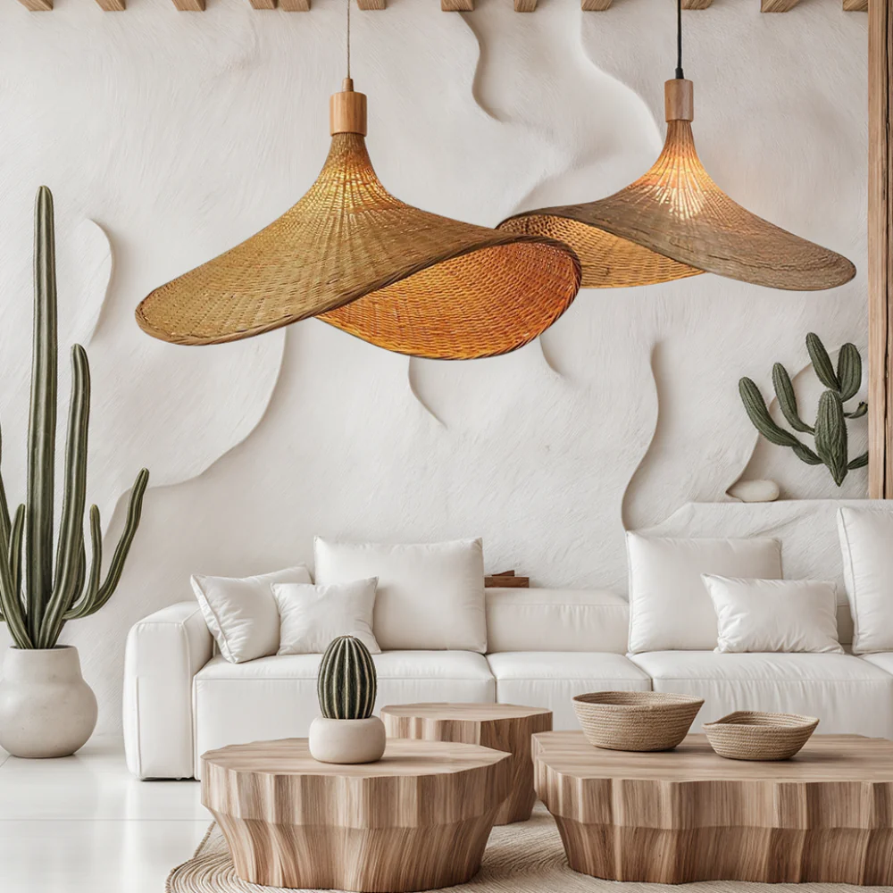 Woven Bamboo Sun Hat Pendant Light - Coastal Boho Decor - Image 16